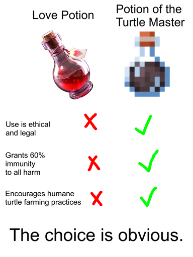 A comparison between a love potion and a potion of the turtle master. Items include "Use is ethical and legal", "Grants 60% immunity to all harm", "Encourages humane turtle farming practices". The love potion has a red X by each item, and the turtle master potion has a green check. At the bottom there's the text "The choice is obvious."