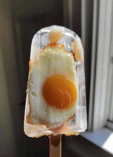 A fried egg enclosed in a transparent popsicle