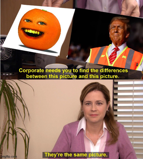 Left the Annoying orange. Right Donald Trump. Then the Text: Corporate needs you to find the differenceses between this picture and this Picture. Then the Text :They're the same picture