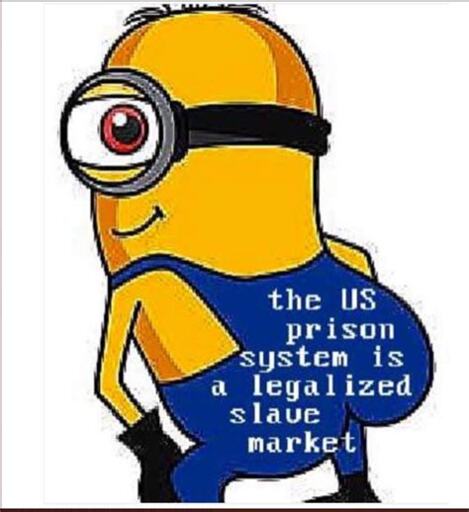 Picture of a minion's butt that says "the US prison system is a legalized slave market"